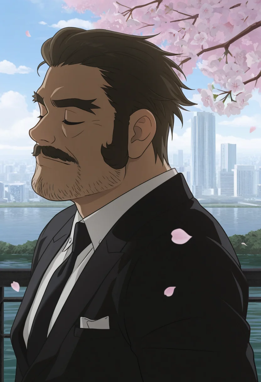1boy, (close-up), river, leaning back, floating hair, standing, against railing, closed eyes, cityscape,
BREAK
{subject}, <lora:Brian_D._Kadokura_from_Detective_Conan_The_Million-dollar_Pentagram_v1.0_1761907:1>
briandkadokura, mature male, brown hair, green eyes, thick eyebrows, forked eyebrows, long sideburns,
BREAK
black suit, white shirt, reflective water, youtian \(youtiange\), (plump:1.5), pectorals, thick arms, backlighting, broad shoulders,
BREAK
day, cloudy sky, blue sky, dappled sunlight, cherry blossoms, thick mustache, beard stubble, skyscraper,
BREAK
best quality, masterpiece, very aesthetic, absurdres, highest detailed, very awa,