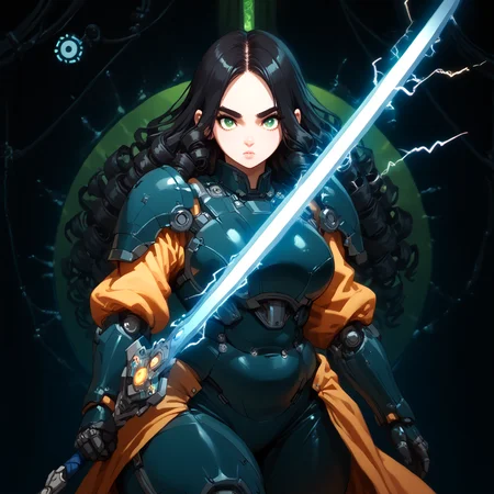 PonyScores7, source_anime, ah1, 1girl, (curly hair), long hair, (black hair), mature female, (parted hair), (round face:1.2), (no_bangs), (no_fringe), (thick eyebrows), (curvy), round-chin, (greenish hazel eyes), caucasian, (downturned eyes:1.2), (plump face), <lora:ETO_OCPonyXL:0.7> eto_oc, skindentation, (plump:1.2), thick thighs, wide hips, busty, voluptuous, kinky curls, lips, bad-hands-5, <lora:venus body PonyXL:0.6>, <lora:xl_more_art-full_v1:0.2>, <lora:shinyskin2:0.2> glistening skin, <lora:aesthetic_anime_v1s:0.2>, <lora:Expressive_H:0.2> Expressiveh, <lora:hairdetailpxl:0.2> hairdetailpxl, <lora:EpicF4nta5yXL:0.2>, <lora:detailxl:0.2> detailxl, <lora:Fant5yP0ny:0.2>, best quality, amazing quality, best aesthetic, absurdres, <lora:expressive eyes:0.2> expressive eyes, <lora:eyedetailpxl:0.2> eyedetailpxl, illustration, Volumetric_Lighting, ultra-detailed, very aesthetic, intricate details, 8k, masterpiece, best_quality, (Sigh), (Dutch Angle (from behind) view Close shot (focus on knees)), (Magical Carousel in a Fairy Tale Park), <lora:Eyes_High_Definition:0.2> EyesHD, looking at viewer, <lora:Pony_Mecha_Knight_-_By_HailoKnight:0.7> sci-fi, (wearing french lime mecha armor), (((holding a glowing sword))), sci-fi, hkmecha, AS-MidAged, <lora:Plasma_Sword:0.8> (((Plasma Sword, Holding Plasma Sword, sparks, electricity))),  <lora:DonM3DW1r3fr4m3XL:1> DonM3DW1r3fr4m3XL, (((wireframe mosaic, wireframe, mosaik, acrylic, hologram, holographic))),