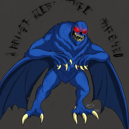 solomon, kaiju, demonic kaiju, no humans, humanoid, skull face, monster, dark blue fur, dark blue skin, glowing red eyes, sharp teeth, humanoid arms, sharp claws, bat wings coming out of his arms, bird feet with 3 white claws, 4-fingered hands with white claws,