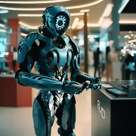 cinematic photo robot repair smartphone in a mall <lora:LIS-V3:0.8> . 35mm photograph, film, bokeh, professional, 4k, highly detailed