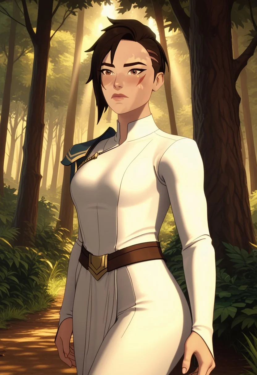 Score_9, Score_8, Score_7, TDPStyle, TDPStyle, Amaya, Five Fingered Hand, White Clothes, Face Scar, Amaya with face scar, posing in a serene forest glade, with sunlight filtering through the trees, creating a magical atmosphere