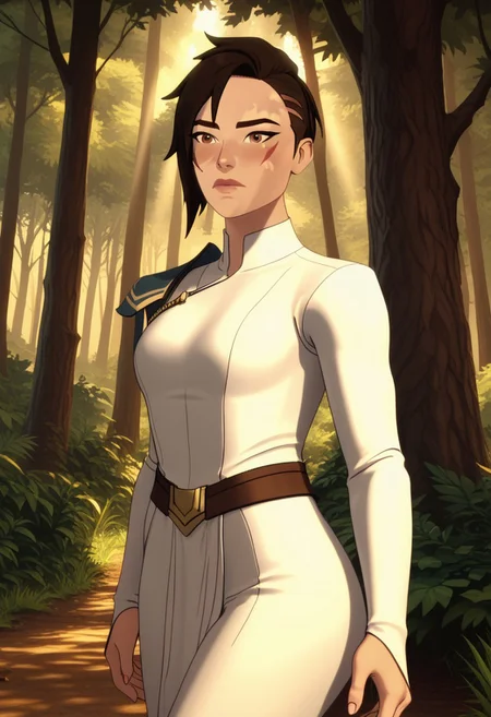 Score_9, Score_8, Score_7, TDPStyle, TDPStyle, Amaya, Five Fingered Hand, White Clothes, Face Scar, Amaya with face scar, posing in a serene forest glade, with sunlight filtering through the trees, creating a magical atmosphere