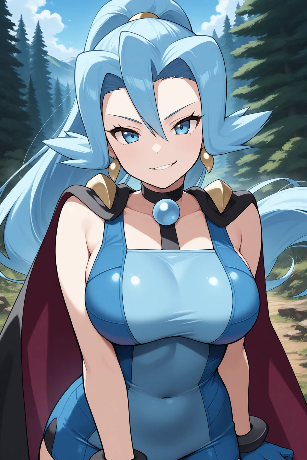 masterpiece, best quality, 1girl, solo, <lora:pkmnclair-illu-nvwls-v1-000006:1> pmc1r, blue hair, high ponytail, long hair, hair between eyes, blue eyes, earrings, black choker, blue bodysuit, sleeveless bodysuit, two-tone bodysuit, black cape, blue gloves, blue shorts, large breasts, looking at viewer, smirk, happy, upper body, alpine forest, blue sky