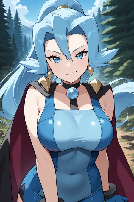 masterpiece, best quality, 1girl, solo, <lora:pkmnclair-illu-nvwls-v1-000006:1> pmc1r, blue hair, high ponytail, long hair, hair between eyes, blue eyes, earrings, black choker, blue bodysuit, sleeveless bodysuit, two-tone bodysuit, black cape, blue gloves, blue shorts, large breasts, looking at viewer, smirk, happy, upper body, alpine forest, blue sky