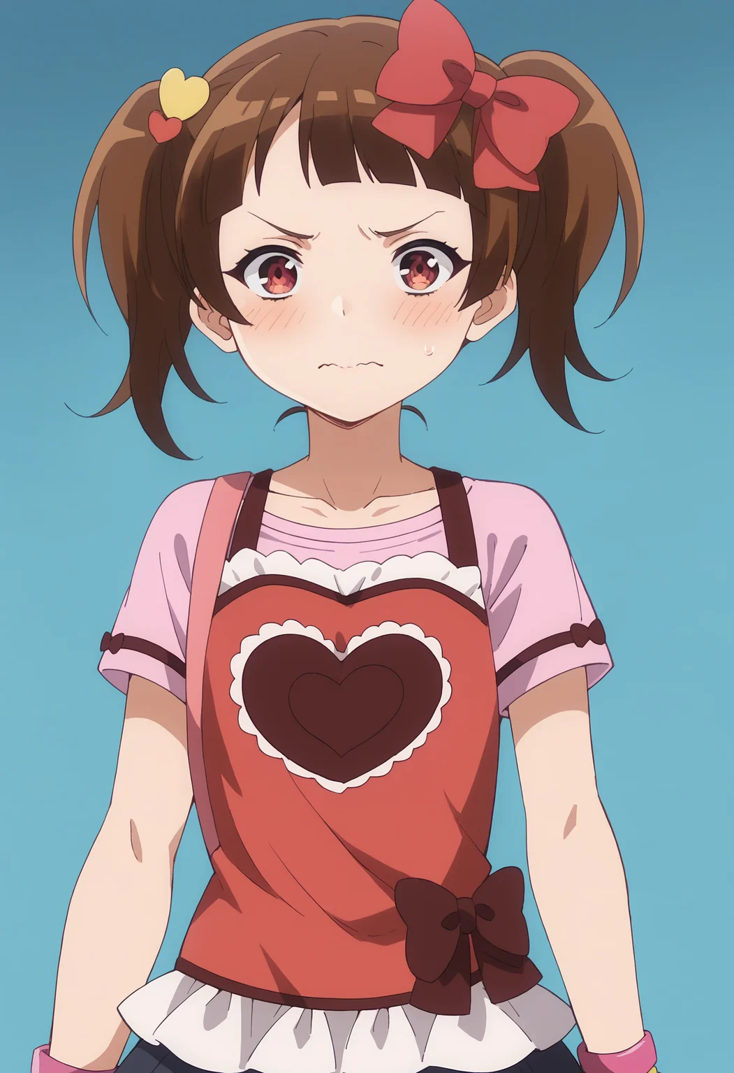 score_9, score_8_up, score_8, source_anime, 1girl <lora:YuiMorikawa:0.85> ,solo, twintails, short hair, brown hair, bangs, brown eyes, shirt, skirt, thighhighs, hair bow, bow, red bow, bracelet, jewelry, heart print, standing, upper body, looking at viewer, blush, embarrassed,
light blue background,