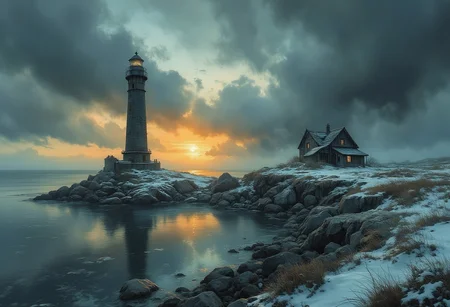 A moody coastal scene featuring a tall, weathered lighthouse on a small, rocky island. Surrounding the lighthouse is a tranquil, reflective body of water that captures the dark silhouette of the structure. The sky is dramatic, filled with swirling clouds in shades of deep blue and gray, interspersed with hints of orange and gold, suggesting a sunrise or sunset. The landscape is partially covered in snow, with tufts of grass poking through, adding a touch of warmth to the otherwise cold environment. An old, rustic house stands nearby, blending seamlessly into the eerie atmosphere of the scene., Wcol style,