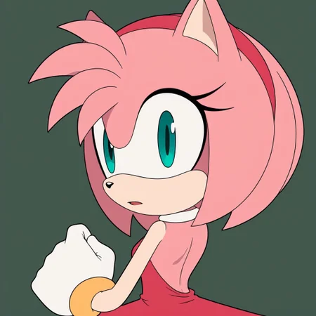 amy rose, Green eyes, pink skin, pink hair,, white gloves, gloves, gold bracelets, red dress, solo, medium boobs, back