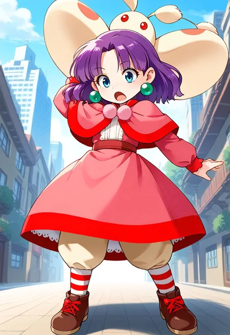 <lora:HyLper-Accelerate-PAseer:1> <lora:Fixhands_anime_bdsqlsz_V1:1>score_9, score_8_up, score_7_up, source_anime, intricate details, perfect anatomy BREAK
1girl, grandia-sue, purple hair, long hair, hair ribbon, blue eyes, green earrings, capelet, pink dress, grandia-sue outfit, striped socks, brown shoes,
Confused, Wide-open eyes, a slightly furrowed brow, and a slightly open mouth., outdoors, city, tokyo, dynamic pose, dynamic angle,
<lora:grandia-sue_XL(pony)v11:1>