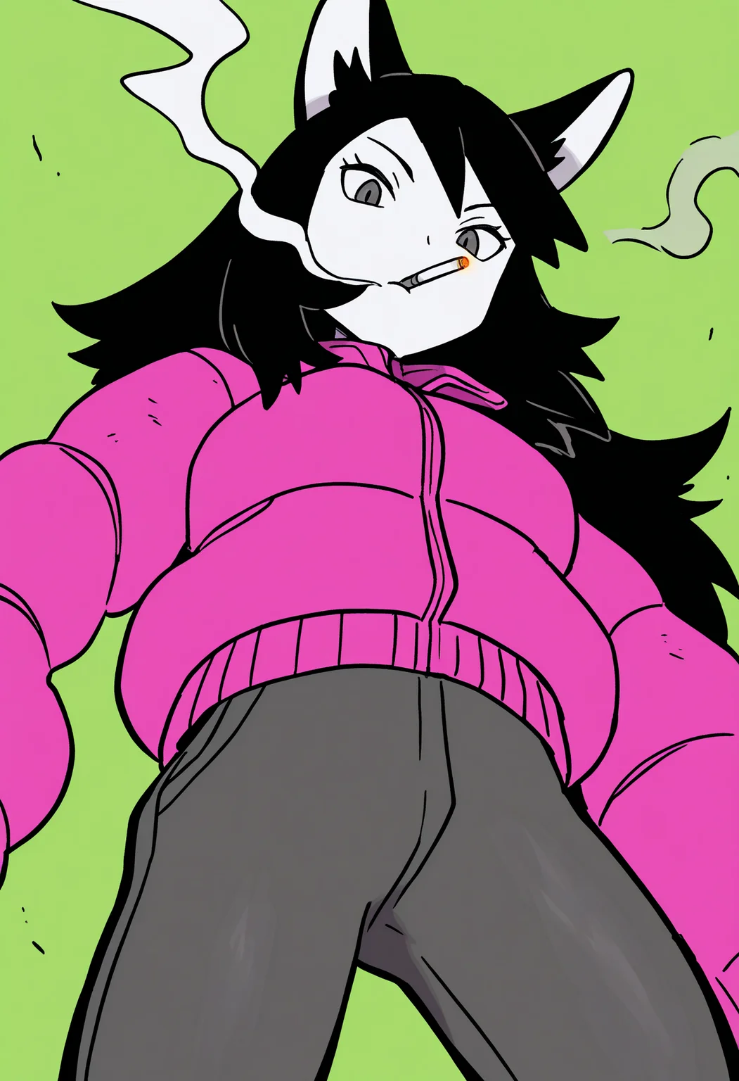 sugimori ken,
best quality, amazing quality, very aesthetic, absurdres,
1girl, wolf ears, solo, female, woman, long hair, spiky hair, black hair,
puffer jacket, pink jacket, greyscale with colored background, green background, hatching \(texture\), monochrome, spot color, view from below, looking down, looking at viewer, smoking, cigarette, smoke <lora:KenSugimoriIllustriousLocon_byKonan:1>