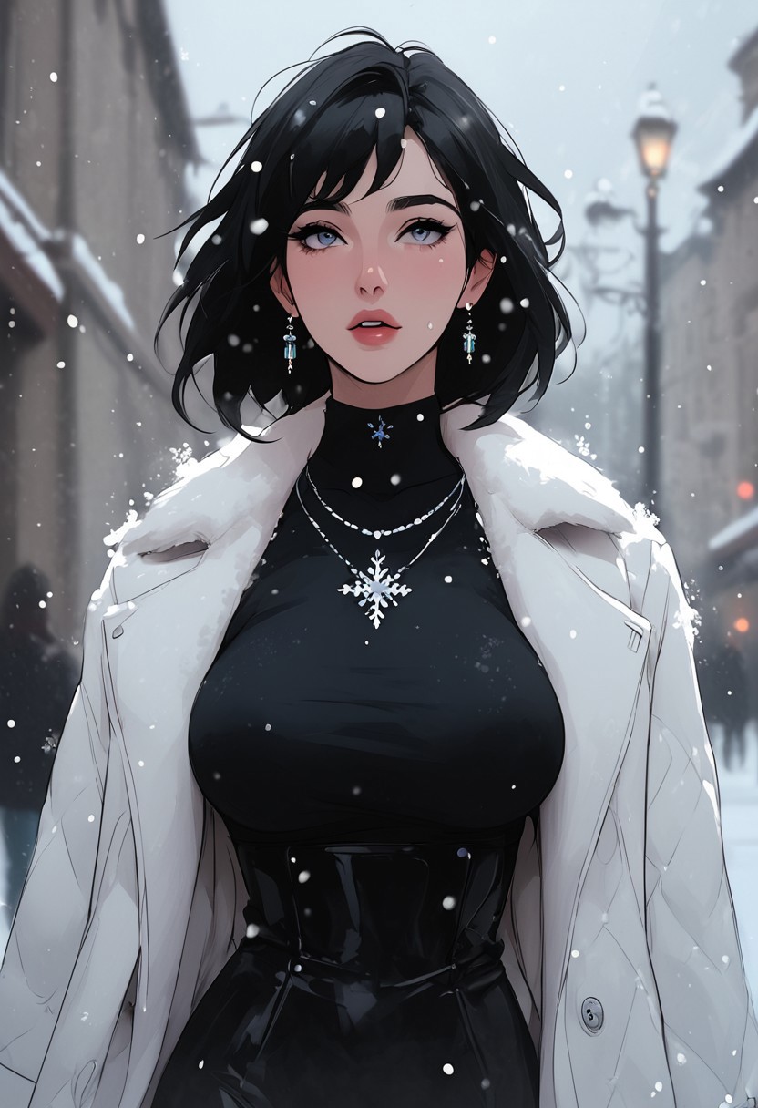 masterpiece, best quality, highly detailed, ultra-realistic, score_9, score_8_up, score_7_up, score_6_up, source_cartoon,  
BREAK  
1MILF, 35yo, curvy waist, large breasts, pale skin, long black hair, wearing a white fur coat, standing in snow, looking up at sky, expression of wonder, snowflakes on skin, cold breath visible, dark clouds, streetlights glowing, faint scent of winter.  
BREAK  
snow falling, hair slightly covered in snow, coat slightly open, motion_lines:1.5, motion_blur:1.5.  
BREAK  
atmospheric, emotional, raw sensuality, dynamic light, cold_light, soft focus, depth of field, cinematic composition