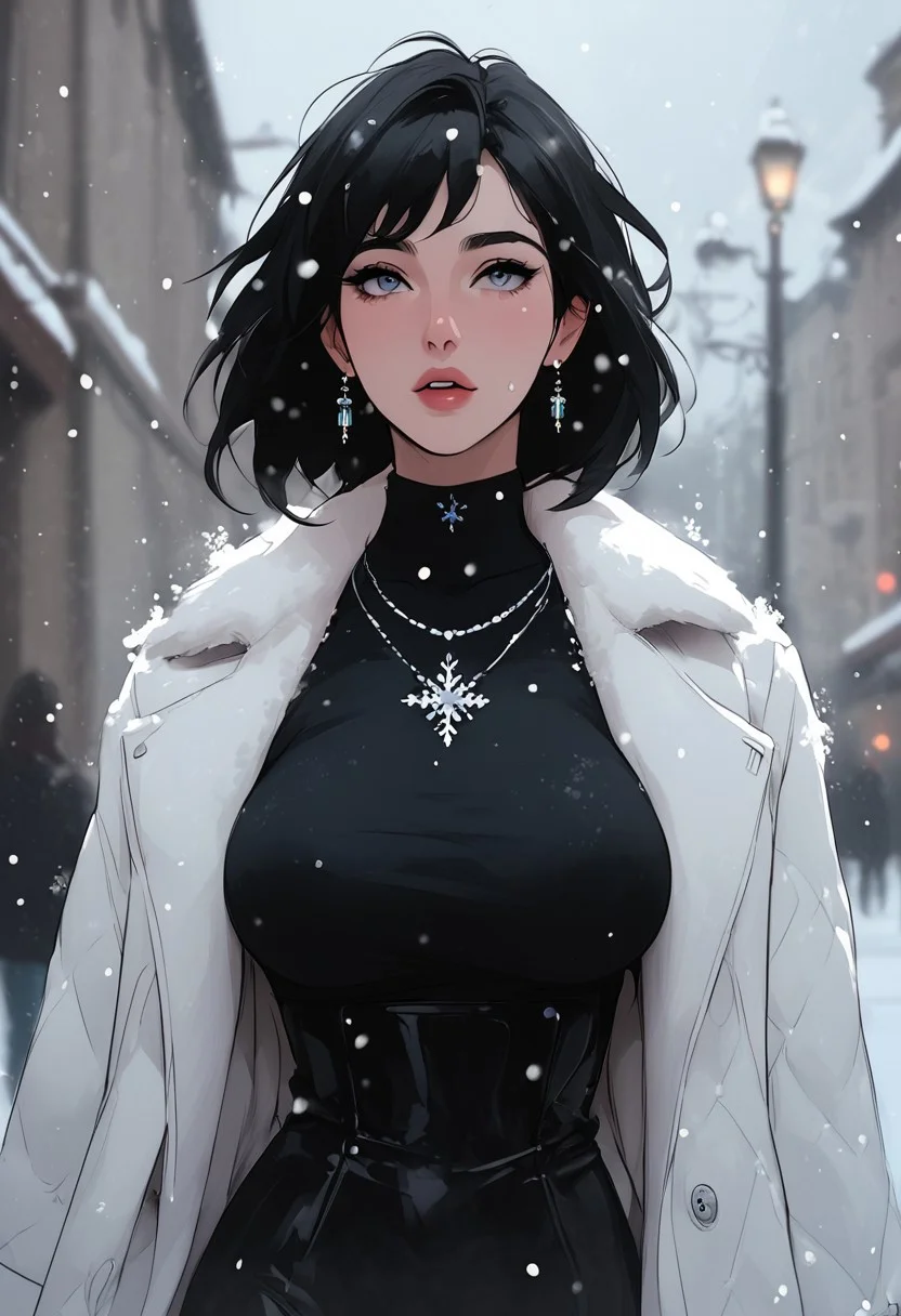 masterpiece, best quality, highly detailed, ultra-realistic, score_9, score_8_up, score_7_up, score_6_up, source_cartoon,
BREAK
1MILF, 35yo, curvy waist, large breasts, pale skin, long black hair, wearing a white fur coat, standing in snow, looking up at sky, expression of wonder, snowflakes on skin, cold breath visible, dark clouds, streetlights glowing, faint scent of winter.
BREAK
snow falling, hair slightly covered in snow, coat slightly open, motion_lines:1.5, motion_blur:1.5.
BREAK
atmospheric, emotional, raw sensuality, dynamic light, cold_light, soft focus, depth of field, cinematic composition