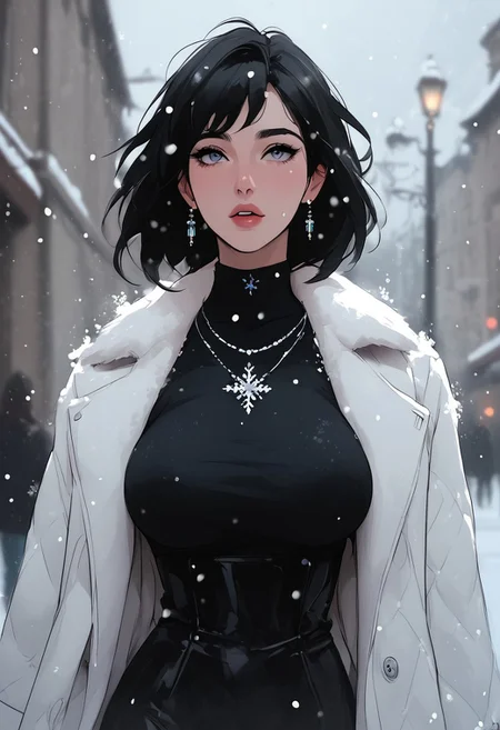 masterpiece, best quality, highly detailed, ultra-realistic, score_9, score_8_up, score_7_up, score_6_up, source_cartoon,  
BREAK  
1MILF, 35yo, curvy waist, large breasts, pale skin, long black hair, wearing a white fur coat, standing in snow, looking up at sky, expression of wonder, snowflakes on skin, cold breath visible, dark clouds, streetlights glowing, faint scent of winter.  
BREAK  
snow falling, hair slightly covered in snow, coat slightly open, motion_lines:1.5, motion_blur:1.5.  
BREAK  
atmospheric, emotional, raw sensuality, dynamic light, cold_light, soft focus, depth of field, cinematic composition