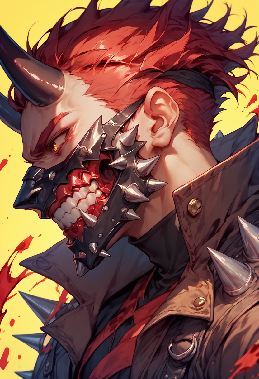 (score_9, score_8_up), score_7_up, 1boy, jacket, horns, teeth, profile, mask, clenched teeth, yellow background, spikes, mouth mask, face mask, shoulder spikes, red hair, greed eyes, blood splatter, glowing
<lora:masky-000009:0.8>