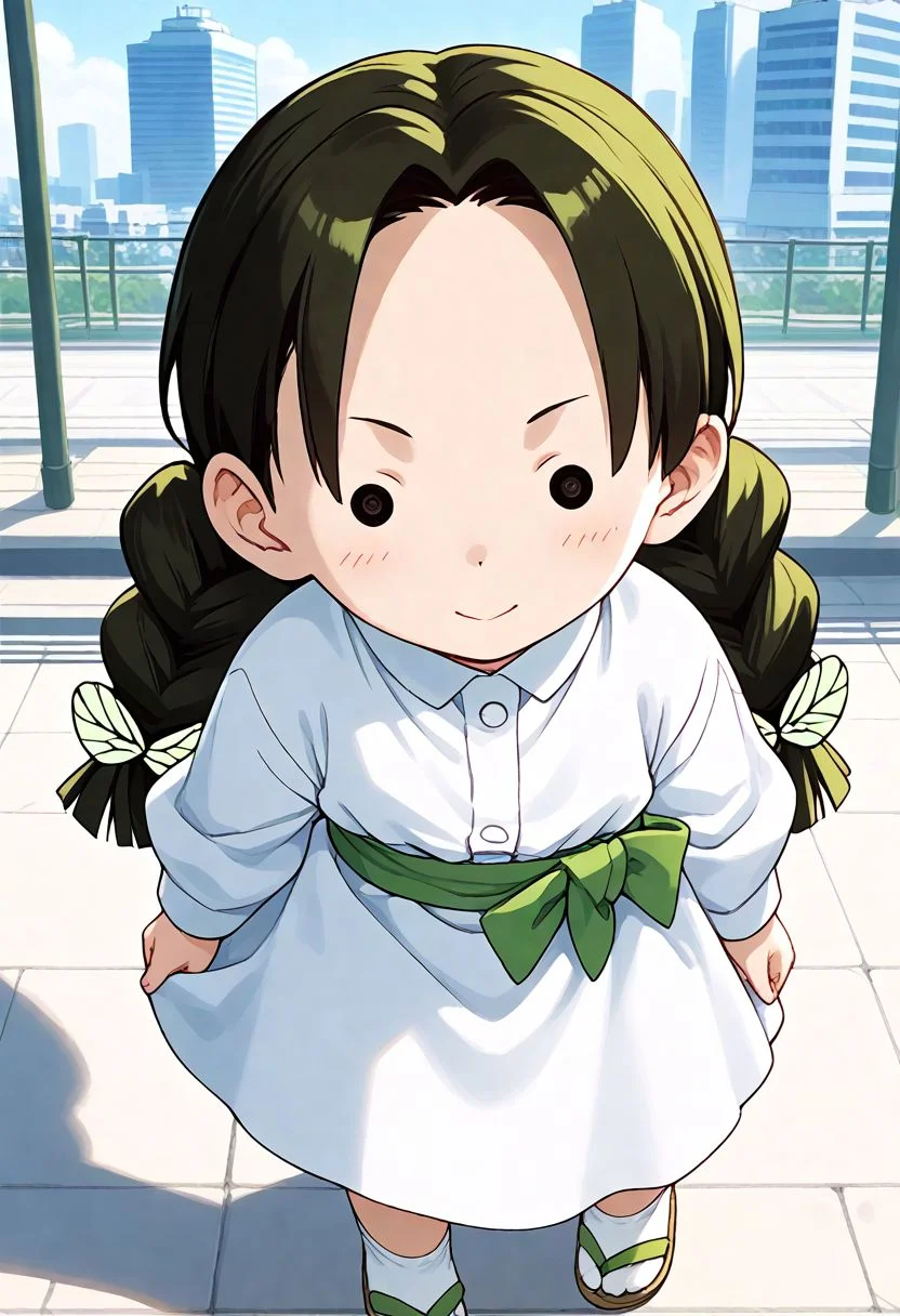 <lora:Hyper-SDXL-8steps-lora:1><lora:Fixhands_anime_bdsqlsz_V1:1> zPDXL2, score_9, score_8_up, score_7_up, source_anime, intricate details, perfect anatomy BREAK
1girl, solo, chibi, (ds-takadanaho, green hair ribbon, green butterfly hair ornament, twin braids:1.3), black hair, black eyes, collared shirt, white dress, green obi, white skirt, white socks, green sandal,
from above, crossed legs, Pensive, Eyes focused inward, brow furrowed, and lips pursed.,
outdoors, city, tokyo, japan,
<lora:ds-butterfly_mansion_girls_XL(pony)v10:1>