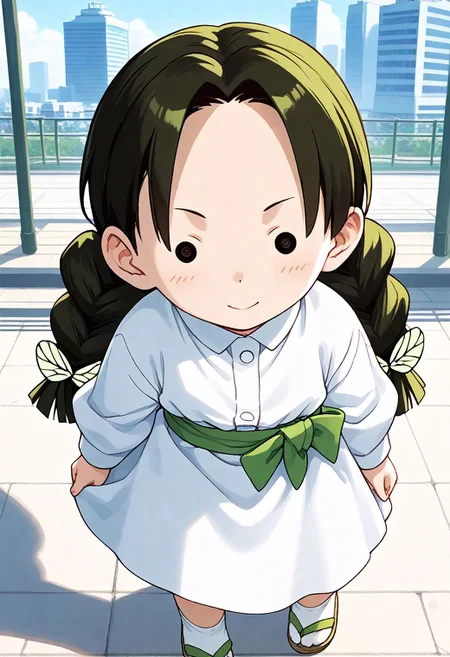 <lora:Hyper-SDXL-8steps-lora:1><lora:Fixhands_anime_bdsqlsz_V1:1> zPDXL2, score_9, score_8_up, score_7_up, source_anime, intricate details, perfect anatomy BREAK
1girl, solo, chibi, (ds-takadanaho, green hair ribbon, green butterfly hair ornament, twin braids:1.3), black hair, black eyes, collared shirt, white dress, green obi, white skirt, white socks, green sandal,
from above, crossed legs, Pensive, Eyes focused inward, brow furrowed, and lips pursed.,
outdoors, city, tokyo, japan,
<lora:ds-butterfly_mansion_girls_XL(pony)v10:1>