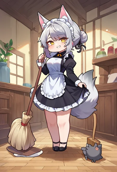 score_9,score_8_up,score_7_up,source_anime,zPDXL3,
*//*,<lora:Trickal_Revive-Pony:1>,1girl, animal ears, maid headdress, maid, tail, alternate costume, yellow eyes, solo, chibi, apron, broom, holding, grey hair, breasts, black dress, long sleeves, mole, wolf girl, black hair, dress, mole under eye, holding broom, smile, enmaided, looking at viewer, hair bun, mop, wolf ears, single hair bun, medium breasts