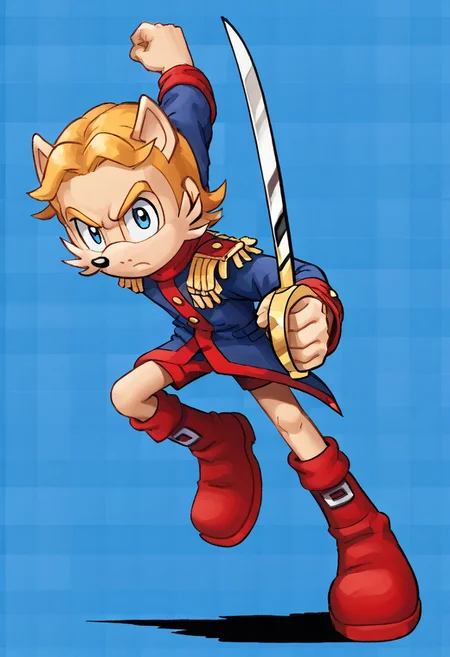 masterpiece, best quality, amazing quality, high detail, absurdres, Antoine D'Coolette, male, solo, holding saber weapon, sword, blue jacket, red boots, blond hair, blue eyes, action pose, dynamic pose, (blue checkered  background),