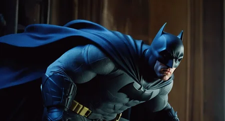 comic book art of  Cinematic Film stock footage in (arri alexa style) Kodak film print,   <lora:batman:1> batman a man in a dark blue batman costume is seen in a dark room, comic art, graphic novel illustration