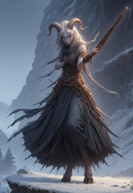 (absurdres, best quality, masterpiece:1.4), score_9, score_8_up, score_7_up, score_6_up, detailed, detailed body, detailed face, world of warcraft, fantasy, <lora:add-detail-xl:1.5>,
fFaceDetail, SkinDetail, ((female, draenei, tall, athletic arms, pale white skin, long white hair, purple eyes, no pupil, no sclera, long white tail), (h0rns, ram horns, white horns),
(long fingers, purple fingernails, purple nail polish), hooves),
GunMonk, shotgun, holding shotgun, dynamic pose,
(long loose blue dress, blue silk scarf, tail under dress, simple armlet, small yellow gem pendant),
outdoors, mountains, temple, snow, evening