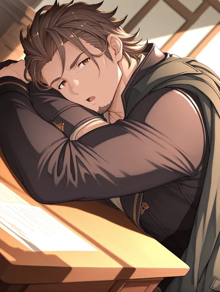granblue fantasy,
1boy, mature male, male focus, solo, (goatee stubble:0.75), head on arm, arm rest, sitting, looking at viewer, jacket over shoulder, looking at viewer, :o, desk, shadow, dutch angle
,masterpiece,best quality,amazing quality,