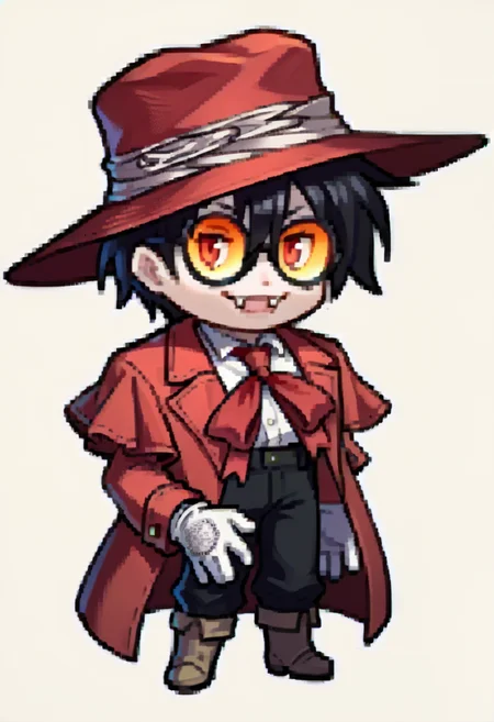 score_9, score_8_up, score_7_up, source_anime, 1boy, smile, fangs, <lora:Feh-Sprites-pdxl_Fp:1> simple background, chibi, full body, <lora:AlucardHS-pdxl:1> aluHS, red hat, black hair, glasses, orange-tinted eyewear, red trench coat, red ascot, collared shirt, white gloves, black pants, boots