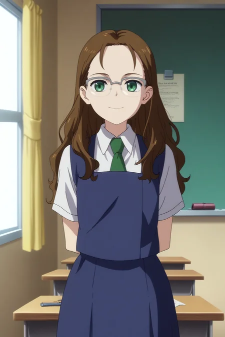 nagase koito,1girl,solo,glasses,school uniform,necktie,long hair,over-rim eyewear,shirt,smile,green necktie, short sleeves,standing,looking at viewer,cowboy_shot BREAK indoors,classroom,desk behind,chalkboard,windows,arms behind the back,close-up <lora:Nagase_Koito_-_Wonder_Egg_Priority.safetensors:0.8> <lora:detailed_backgrounds_v2.safetensors:0.5>