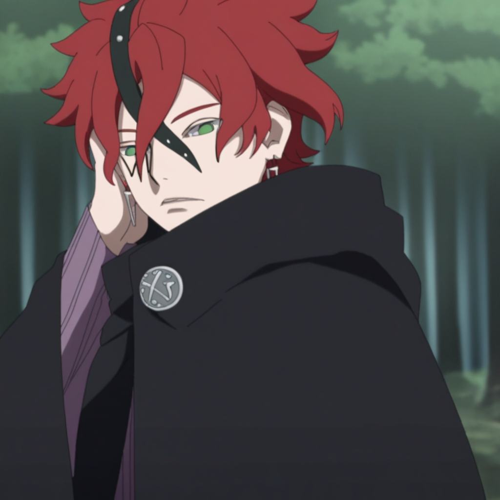 score_9, solo, code_bnng, 1boy, red hair, green eyes, facial mark, earrings, cloak, hands in hair, looking at viewer, forest