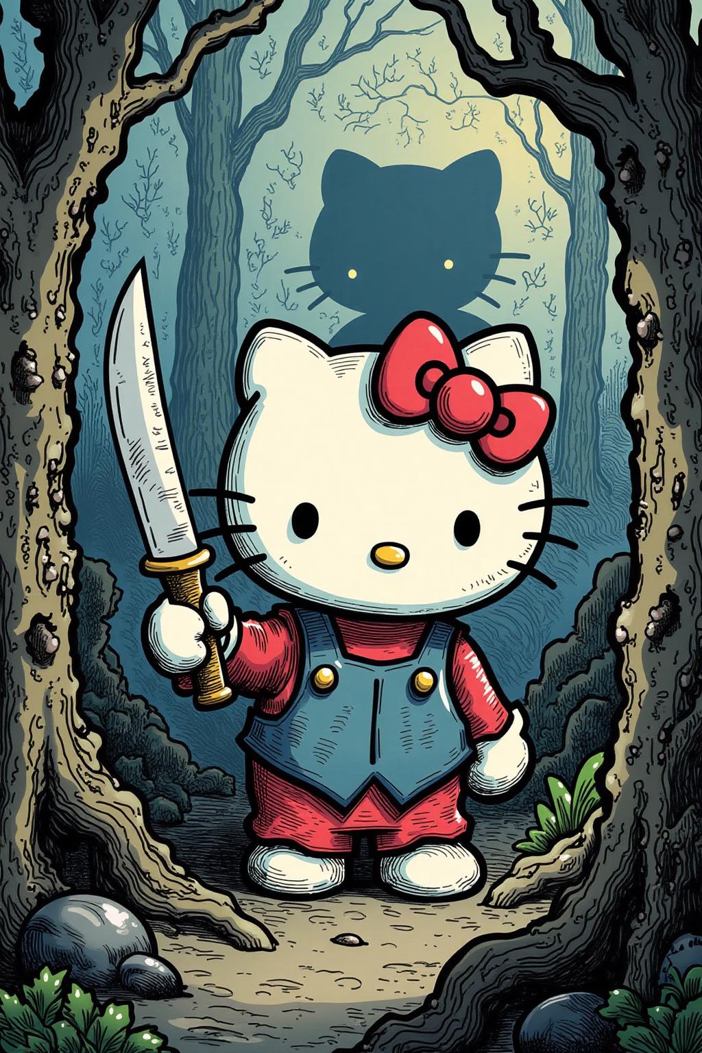 gusdore1 illustration.
Hello Kitty in the middle of the forest holding a knife, the atmosphere and the character looks scary, Hello Kitty is hidden by the shadows. <lora:gusdore1_flor2_d4a2:1.0><lora:799567312723254693:0>