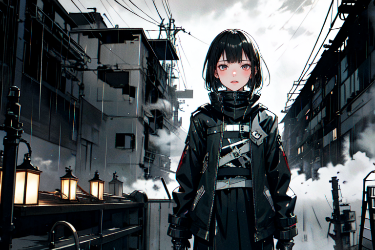 highly insanely detailed, masterpiece, top quality, best quality, highres, 4k, 8k, RAW photo, (very aesthetic, beautiful and aesthetic),  
tsutomu nihei,nihei_tsutomu,blame!,blame gakuen!,abara,TNstyle,sidonia_no_kishi,fog,steam,smoke,foggy,star \(sky\),starry sky,dark sky,black sky,cables,tubes,industrial pipes,bones,gauna,gauna mech,drainpipe,air conditioner,clouds,concrete walls,metal walls,lantern,toha heavy industries,walkway,buildings,letterboxed,dome,fence,light particles,machinery,ventilation fan,ventilation shaft,tentacles,wire,bridge,dystopia,destroyed, 
<lora:ABARA:0.5>, 
(1girl:1.3), 
solo focus, 
flare,fog,wet,wet body,rain,raining,night,neon lights,twilight,âââ
