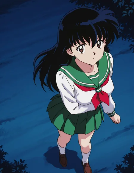 official style,Higurshi kagome (2000s anime analog),retro artstyle,black hair,long hair,bangs,brown eyes,school uniform,serafuku,green sailor collar,red neckerchief,white shirt,green pleated skirt,white socks,brown footwear,1girl,
(from above:2.5),
looking at viewer,
medium large breasts,
perky breasts,explicit,hair between eyes,(bold:3.12),thick outline,black outline,harsh lines,soft lines,deluster,boldline,curvy,slim,(hat:-1),
expressionless,
(anime screencap),(anime coloring:1.2),anime screenshot, animated painting, animated gif,2d cel anime,anime cap,anime,anime style,anime cel,Cel shading,cel shaded,soft brightness,perfect face,perfect nose, perfect hair, perfect eyes,perfect female body,perfect skin,a face of perfect proportion,perfect lighting,perfect anatomy,perfect proportion,perfect hands,perfect legs,perfect fingers,masterpiece,super fine illustration,best quality,very aesthetic,absurdres,16k,intricate detail,amazing quality,detailed linework,vibrant colors,kawaii,flat color,forest,night,
<lora:ç¬å¤åæ¥æ®ããã2000年代ã¢ãã¡ã¢ããã°ä½ç»é¢¨illustriousInuyashaHigurashi_Kagome2000s_anime_analog_painting_Styleillustrious:1:0.8>