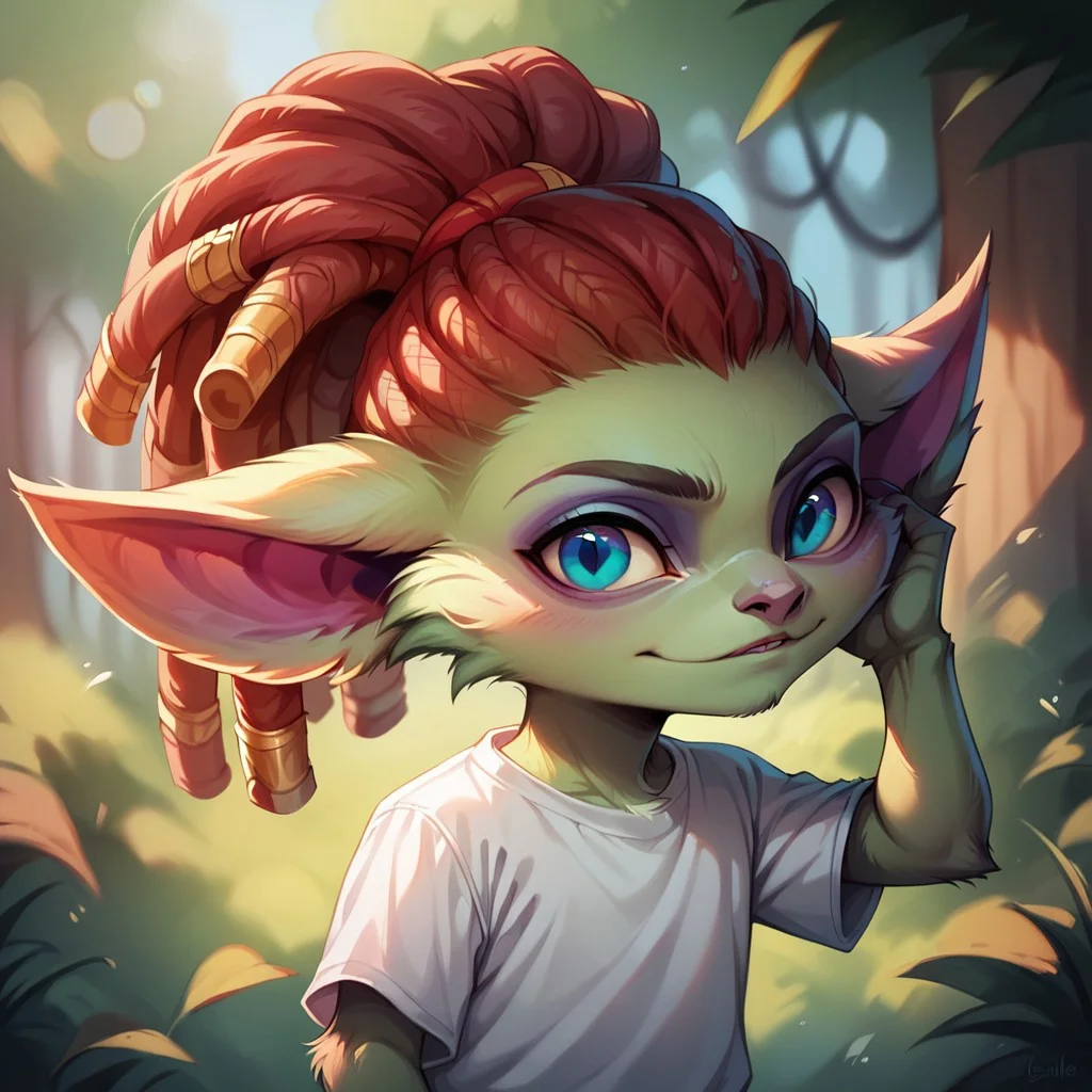 (((detailed, beautiful, high quality))), score_9, score_8_up, score_7_up, upper body,
yordle, short stature, shortstack, pointed ears, big eyes, fur,
1 male, green fur, red hair, dreadlocks, blue eyes, white top,
looking at the viewer, posing,
forest background, blurred background,