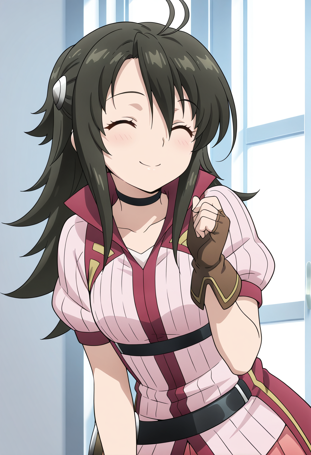 masterpiece, best quality, very aesthetic, absurdres, 1girl, solo, official style,
<lora:adeltrud_walter_v01:0.9>, adeltrud_walter, black hair, long hair, ahoge, half updo, brown eyes, breasts,
hair ornament, choker, shirt, puffy short sleeves, fingerless gloves, belt, pink skirt, pleated skirt, smile, closed eyes, light blush, posing, upper body