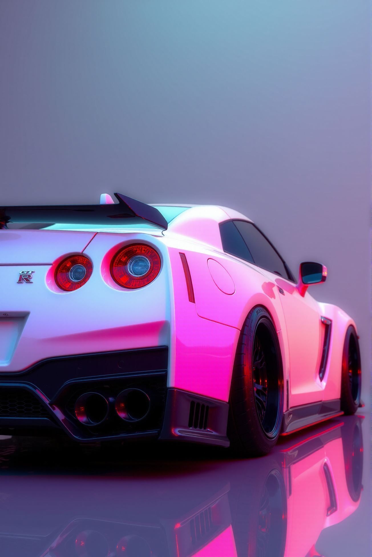 <lora:Nissan_GT-R_R35:0.7>  A from behind view of a gorgeous Nissan GT-R R35 in all its shining glory. In a style of clean look. The car has white paint job with pink undertone. Mirror-like, high gloss finish catches bright highlights. Vibrant color palette.
