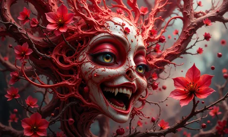 masterpiece, hyper realism, a high-resolution photograph, golden ratio, dutch angle, dynamic, side view, asymmetry, contrasting, unique, enigmatic, Vibrant Cherry Red Cherry Blossom