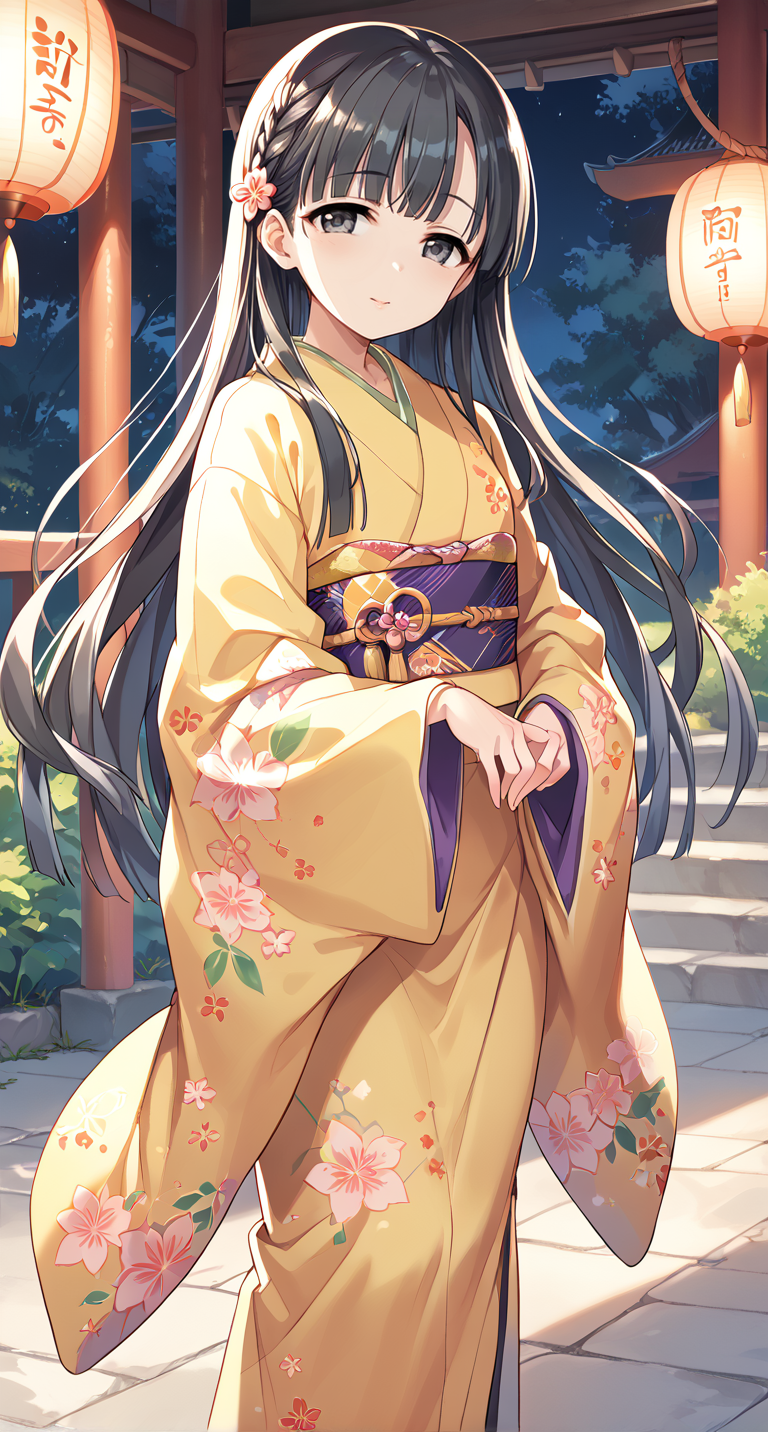 score_9,score_8_up,score_7_up,
official art,official style,game cg,megami magazine,
uncensored,
1girl,
kbykwse kimono,kobayakawa sae,black eyes,black hair,braid,eyebrows visible through hair,
japanese clothes,kimono,long hair,long sleeves,print kimono,shiny,shiny hair,wide sleeves,
flower,hair flower,hair ornament,highres,
bangs,blunt bangs,bow,
<lora:idolmaster_kobayakawa_sae_pony_v1:1>,