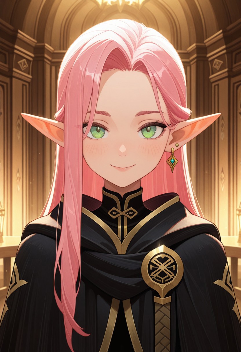 masterpiece, best quality, amazing quality,,<lora:afkArenaIllustrious:1>
afkarenastyle,
1girl, female elf, solo, portrait, female focus, pink hair, green eyes, slim, long hair, light skin, smile, looking at viewer, outdoors, beautiful, black cloak with gold trimming, earrings, indoors, arcane library