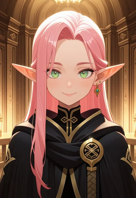 masterpiece, best quality, amazing quality,,<lora:afkArenaIllustrious:1>
afkarenastyle,
1girl, female elf, solo, portrait, female focus, pink hair, green eyes, slim, long hair, light skin, smile, looking at viewer, outdoors, beautiful, black cloak with gold trimming, earrings, indoors, arcane library