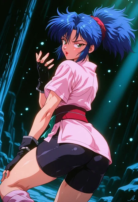 MachiKomacineHxH, 1girl, solo, messy hair, blue hair, ponytail, bangs, brown eyes, lips, japanese clothes, kunoichi, short kimono, pink kimono, large breast, green sash, black obi, short sleeves, black gloves, fingerless gloves, thick thighs, black shorts, bike shorts, pink leg warmers, white socks,
,seductive pose, sexy pose, tease,
masterpiece, best quality, fine details, intricate details, depth of field, subsurface scattering, bokeh,
ultra-detailed, very aesthetic, detailed background, newest, scenery, highres, absurdres, colorful, vibrant, glowing, perfect face, 2d, perfect eyes, vibrant saturated colors, volumetric lighting, sharp, detailed eyes, perfect anatomy, perfect face, perfect eyes, mature body, clear eyes, beautiful eyes, athletic, curvy body, athletic girl, perky tits, perfect tits, round breasts, pinup pose, teasing, lustful expression, perfect hands,
muscular female, dutch angle,
ass focus, dat ass,
,Smooth Negative, Smooth_Quality,
90s_anime_aesthetic, 1990s (style), retro, retro artstyle,dark_fantasy_style, dark fantasy, retro,