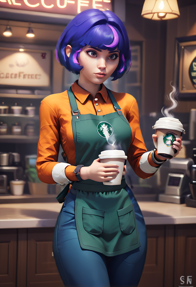 score_9, score_8_up, score_8,
solo,  <lora:Juno_Overwatch_for_PonyXL:0.8> 1girl, jun0, solo, short hair, purple hair, multicolored hair, walking, shirt, pants, coffee shop, uniform, apron, 
3d. sfm,