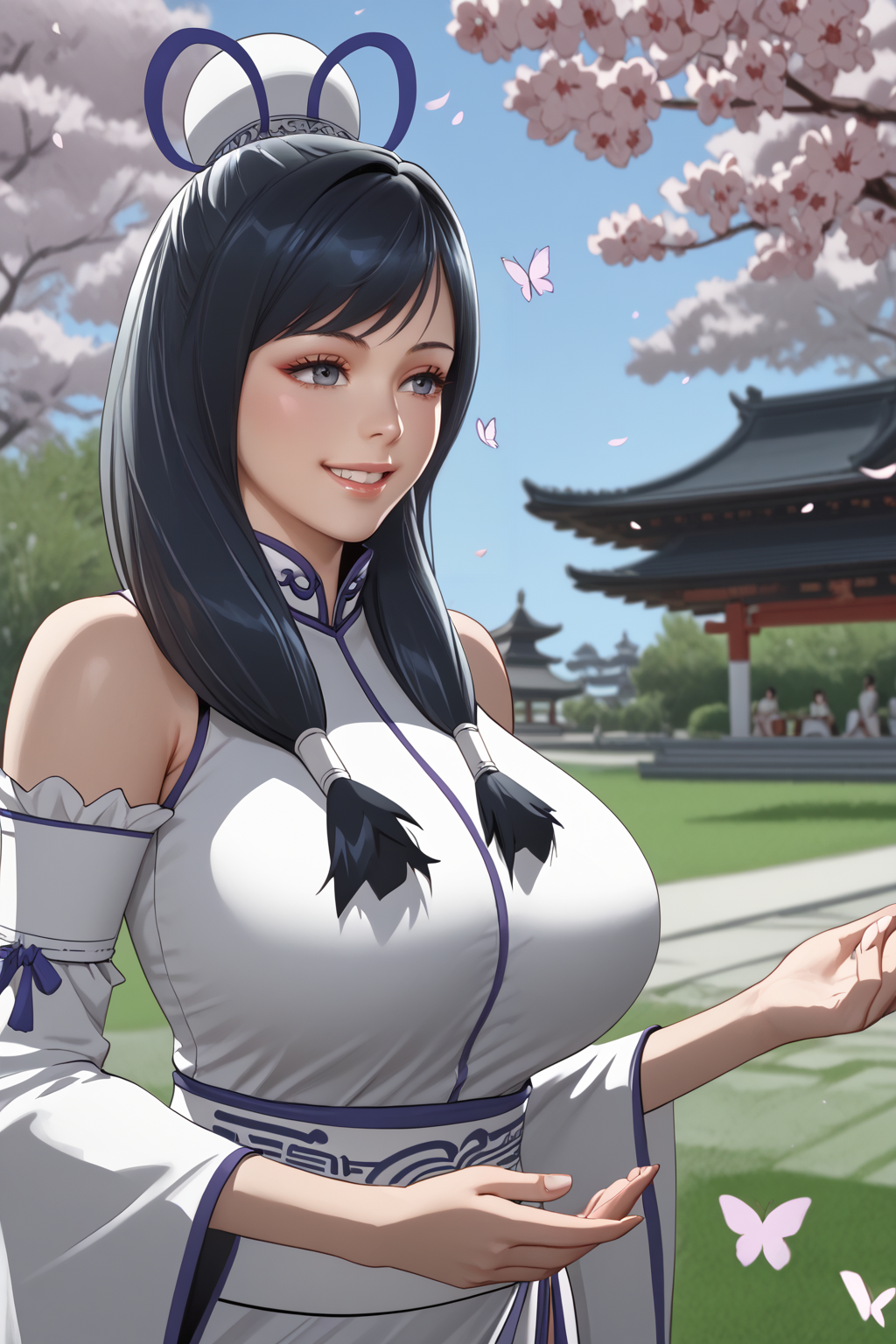 score_9, score_8_up, score_7_up, masterpiece, high quality, extreme detail, absurdres, (detailed skin texture) BREAK, render, 3d
<lora:Sword Empress Seo Yu-RanPonyLora:0.8> seoyuran, long hair, swept bangs, hair bun, hair ribbon, hair tubes, china dress, bare shoulders, arm garter, detached sleeves, fingerless gloves, side slit, from side,( butterflies), garden, pagoda,( cherry blossoms), happy, hands up, open hands, butterfly on chest