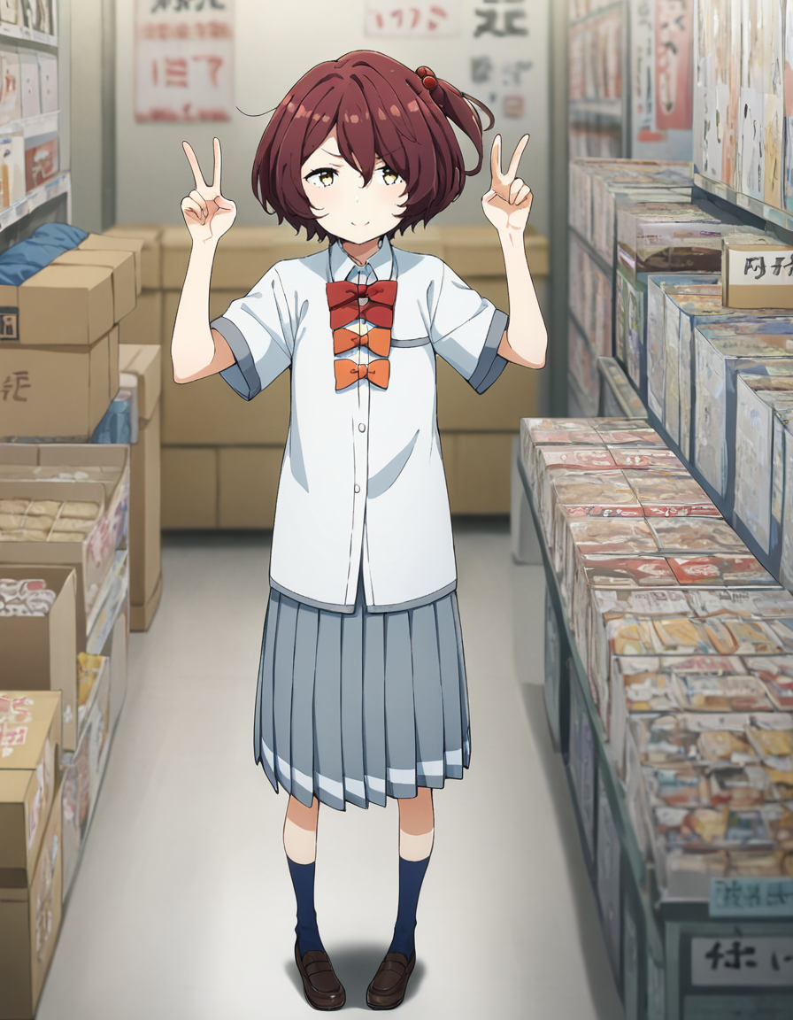 score_9, score_8_up, score_7_up, source_anime, BREAK
1girl, solo, looking at viewer, blurry background, indoors, storage room, boxes, standing, straight-on, full body, v pose,
chika komari, brown hair, short hair, hair bobbles, hair between eyes, one side up, yellow eyes,
school uniform, white collared shirt, short sleeves, red bow, orange bow, grey pleated skirt, (long skirt:0.8), blue socks, brown footwear
<lora:chika_komari_anime_v3-soralz:1>