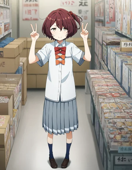 score_9, score_8_up, score_7_up, source_anime, BREAK
1girl, solo, looking at viewer, blurry background, indoors, storage room, boxes, standing, straight-on, full body, v pose,
chika komari, brown hair, short hair, hair bobbles, hair between eyes, one side up, yellow eyes,
school uniform, white collared shirt, short sleeves, red bow, orange bow, grey pleated skirt, (long skirt:0.8), blue socks, brown footwear
<lora:chika_komari_anime_v3-soralz:1>