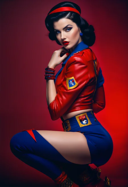 hyperrealistic glamour shot of Snow White in a rebellious pin-up style, wearing a daring outfit with a mix of classic and modern elements. Her skin is adorned with vibrant tattoos that showcase her rebellious nature. masterpiece, best quality, photograph, face focus, sharp focus, photography, glowing eyes, photorealism, photorealistic, soft focus, volumetric light, simple, clean, uncluttered, modern, elegant, high quality, soft cinematic light, dramatic atmosphere, atmospheric perspective, raytracing, subsurface scattering,