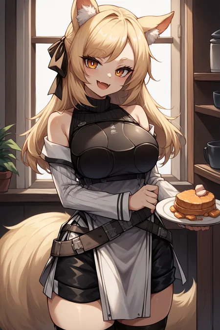 score_9, score_8_up, score_7_up, , rating_general,1girl ,wssd, animal ears, tail, hair ribbon, ribbed sweater, bare shoulders, breastplate, long sleeves, pouch belt, black shorts, pelvic curtain, black thighhighs, source_anime, smile, :3,  skin fang, open mouth, naughty face, <lora:WhislashPDCAMEv2L AK-000006:1>, portrait, indoors,
