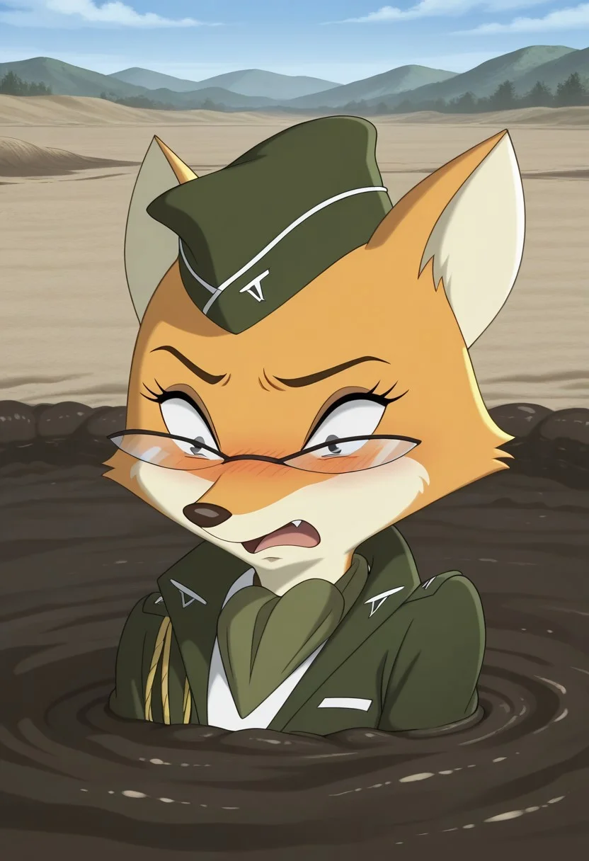 high resolution, absurdres, best quality, 1girl, lt_vixen, anthro, fox, furry, orange fur, tail, dot eyes, green military uniform, military hat, glasses, sky, outside, grasss field, scared, open mouth, (partially submerged, quicksand, white mud, shoulder deep in quicksand, embarrassed, looking down, sand, up to shoulders in quicksand, quarry, upper body, closeup), official style, official art style