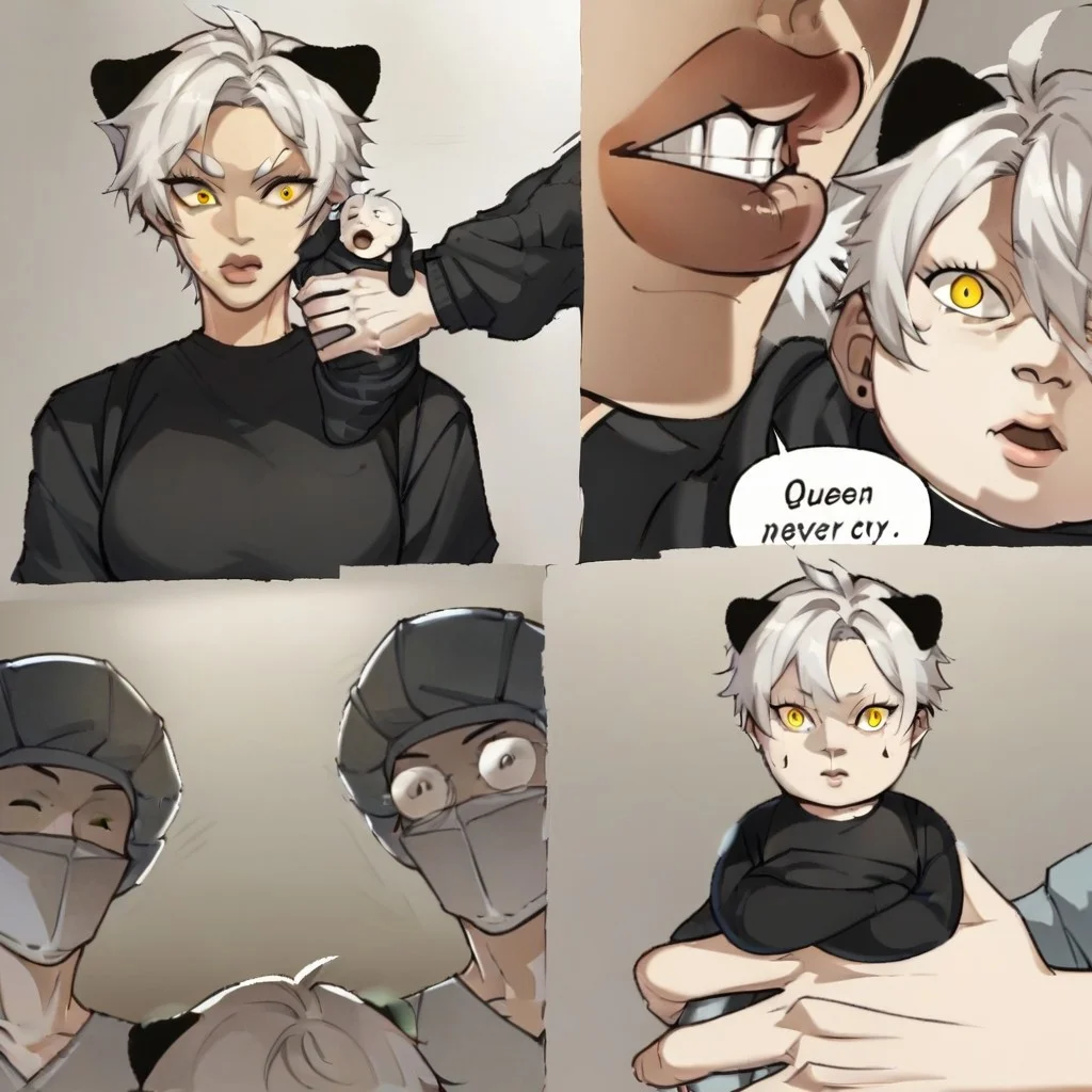 score_9_up, score_8_up, score_7_up,
mikus-concept, crying, seriousness, lying, 2people, BREAK, child, Text "Queen never cry", surprise, close-up, BREAK, 2people, shock, doctors, BREAK, child, seriousness, looking at viewer, BREAK, comic, mikus, (white hair, dark yellow eyes, yellow fur, dotted eyebrows, small eyebrows, white eyebrows, tail tip black, black ears, mouth mark), (black sweater, gray shorts)