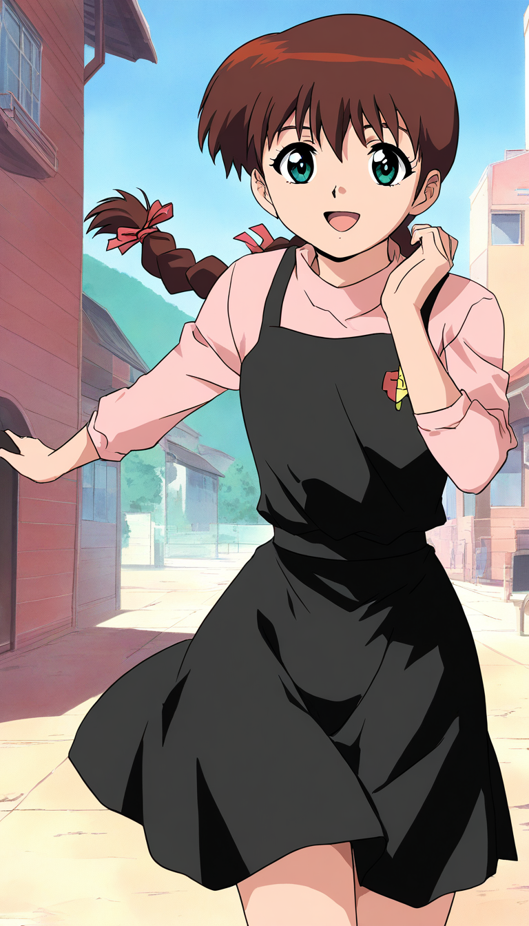 masterpiece, best quality, good quality, <lora:Miyanoshita_Satsuki_IS:1>
Miyanoshita_Satsuki, 1girl, solo, brown hair, green eyes, single braid, long hair, bangs, 11, open mouth,
1girl, solo, black skirt, looking at viewer, black dress, room,
 anime coloring, outdoor, day, sky,
smile,looking at viewer, cowboy_Shot,
