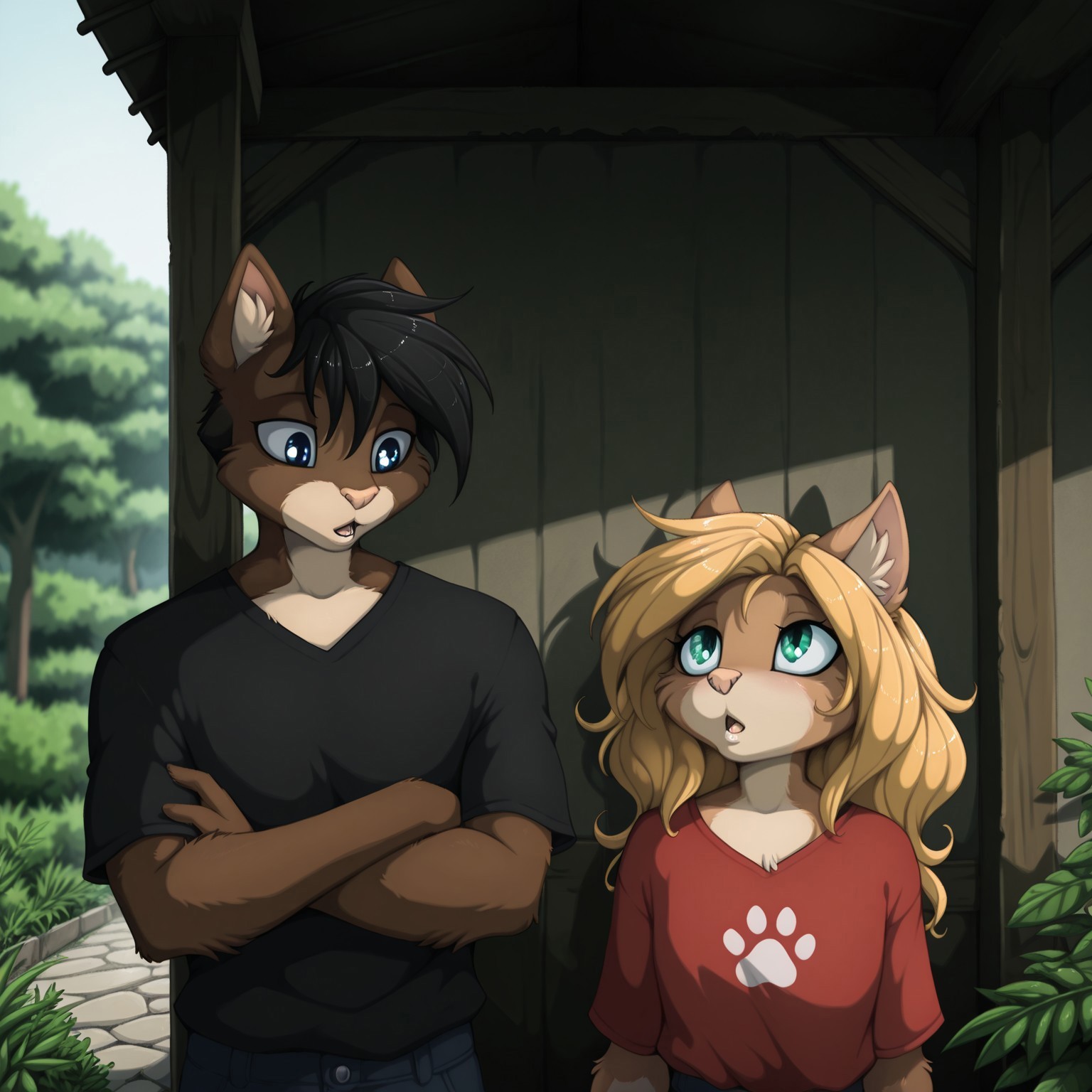 masterpiece, best quality, amazing quality, very aesthetic, high resolution, ultra-detailed, absurdres, newest, scenery, depth of field, scenery, volumetric lighting, by jay naylor, furry, furry female, anthro, furry male, cat boy, cat girl, animal ears, 1boy, 1girl, duo, green eyes, blue eyes, blonde hair, male crossed arms, long hair, height difference, shirt, open mouth, black hair, cat ears, black shirt, red shirt, upper body, outdoors, talking, looking at another, random pose