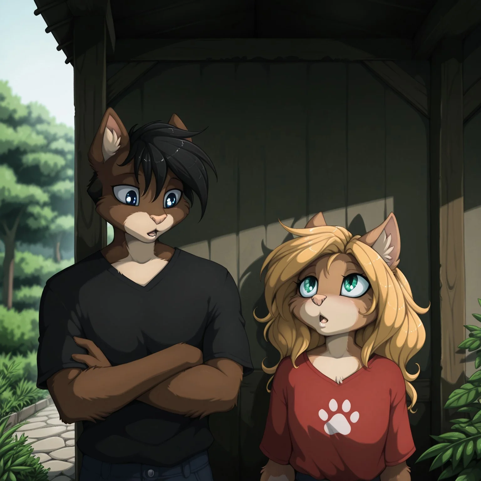 masterpiece, best quality, amazing quality, very aesthetic, high resolution, ultra-detailed, absurdres, newest, scenery, depth of field, scenery, volumetric lighting, by jay naylor, furry, furry female, anthro, furry male, cat boy, cat girl, animal ears, 1boy, 1girl, duo, green eyes, blue eyes, blonde hair, male crossed arms, long hair, height difference, shirt, open mouth, black hair, cat ears, black shirt, red shirt, upper body, outdoors, talking, looking at another, random pose