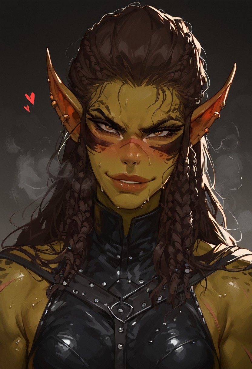 Lae'zel (Baldurs Gate 3), score_9, score_8_up, score_8_up, source_cartoon, raw, 1girl, ((nsfw)) , sexy 20yo girl, dominant, volumetric lighting, heat body, sexy body, thick thighs, tiny waist, toned body thigh gap, atheltic
colored skin, greenish-yellow skin, pointy ears, face markings, brown hair, braids, scars, githyanki nose, fierce, close up
BikiniArmorLeather_Laezel_ownwaifu, blushing, smirk, confident, bedroom background, extreme blush, steam, musk, sweaty, looking at viewer, stretching legs, dynamic pose, close up, sweaty body, close up on body, bedroom background
g0thicPXL,